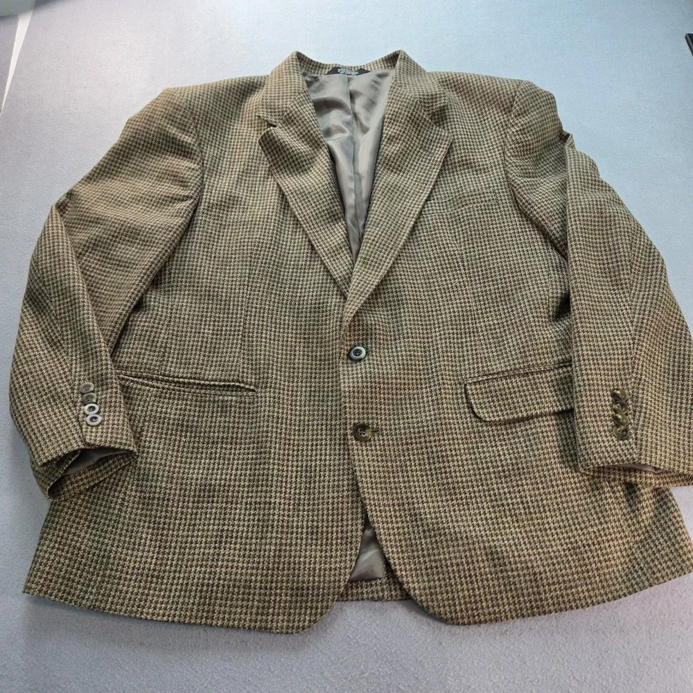 Haggar Clothing Co Mens 44S Houndstooth Wool Silk Blend Blazer Sport Coat Brown